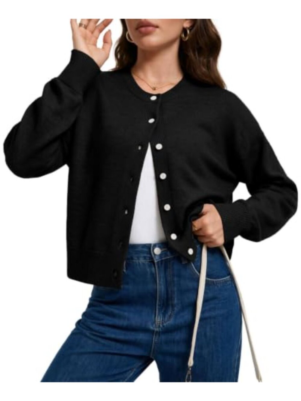 Cropped Knit Womens Cardigan Sweater Crew Neck Button Up